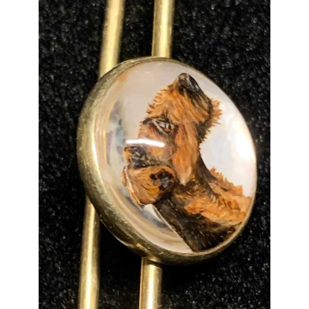Antique 14K Gold Essex Crystal Airedale Terrier Dog Reverse Intaglio Bar Pin
